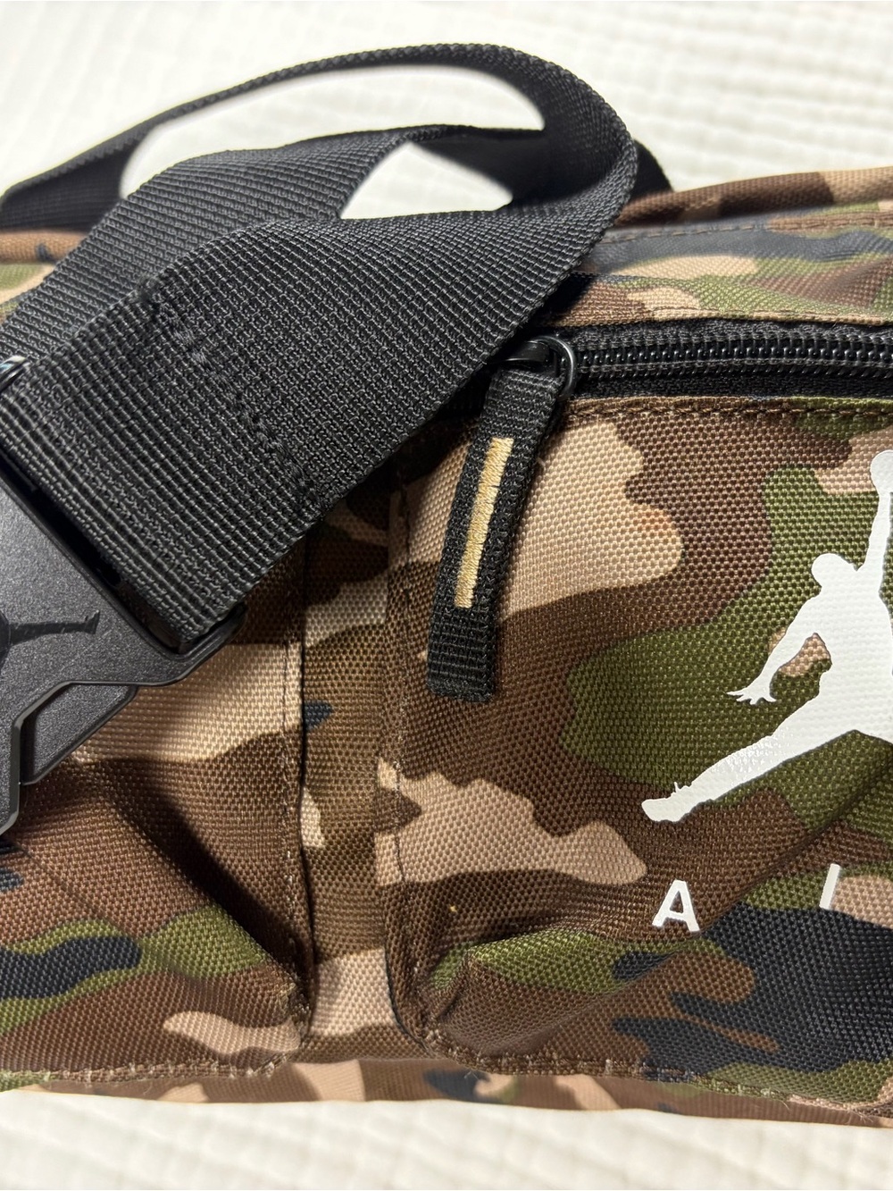 Jordan Camo Hip Bag in Green/Brown Flap and Zip Pockets Black Adjustable Strap